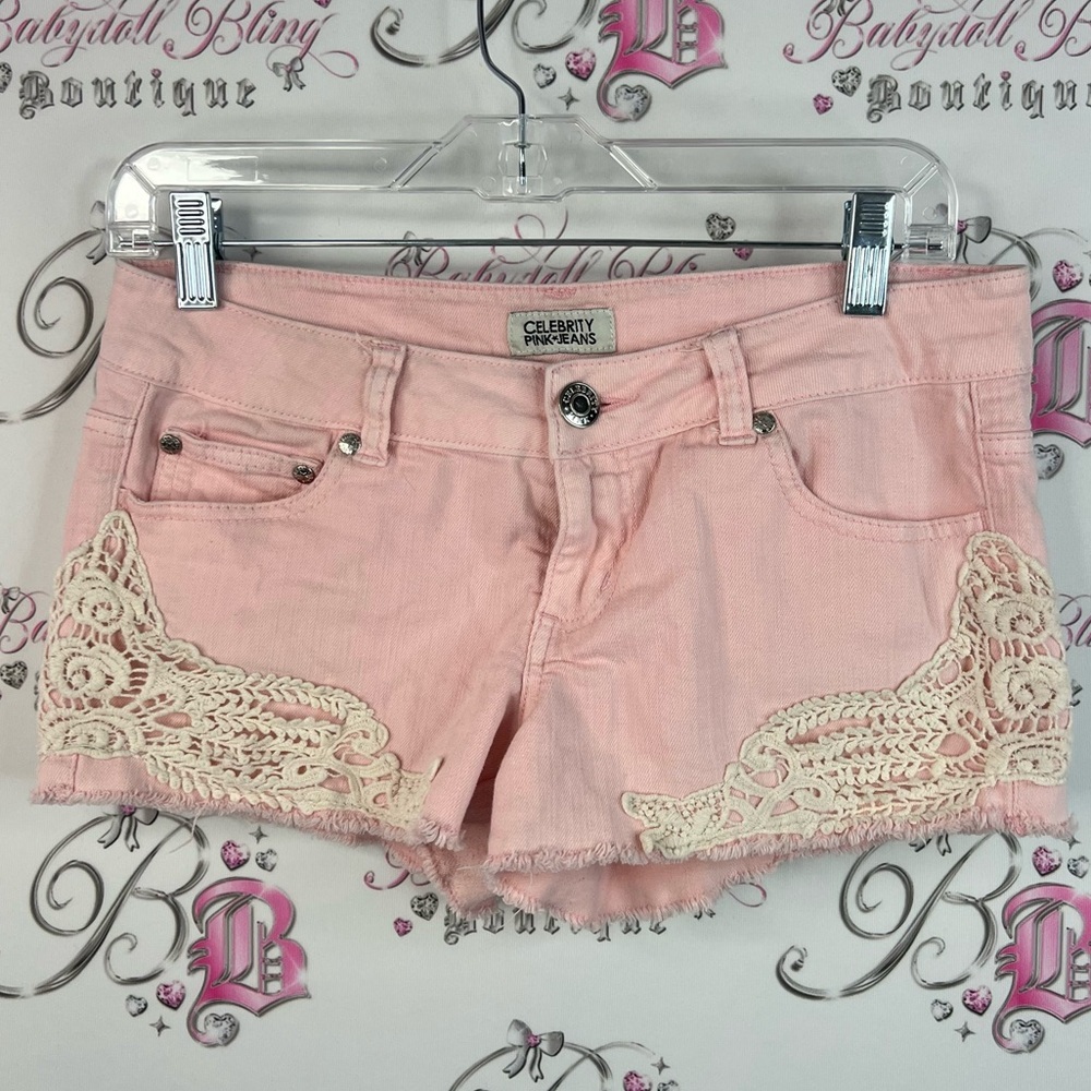 Celebrity Pink shorts denim lace crochet cream Light Pink Jean Shorts with Lace